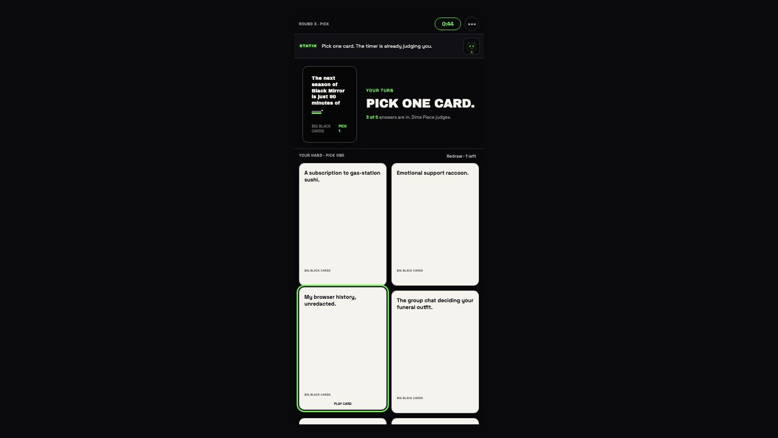 Big Black Cards: Controller hand: pick one, regret later
