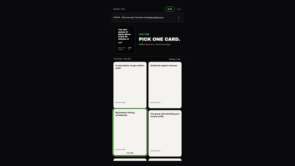 Big Black Cards: Controller hand: pick one, regret later