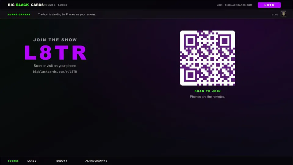 Big Black Cards: Fire TV lobby: join codes and bad intentions