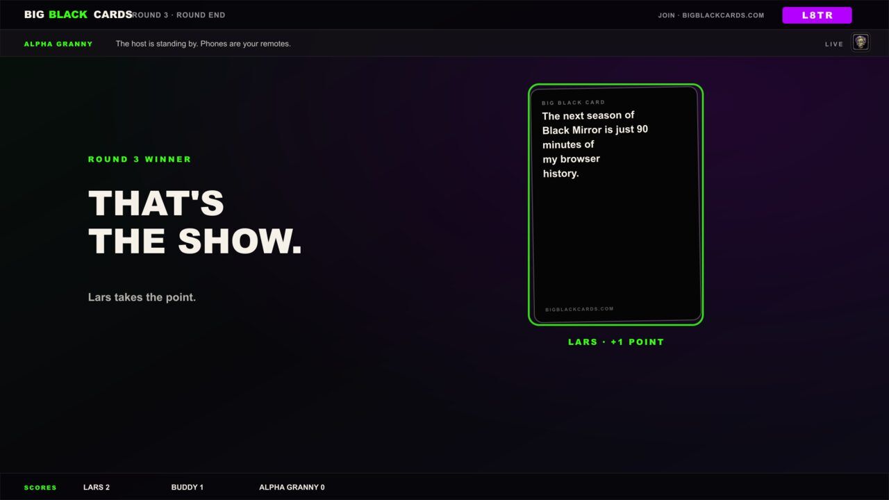 Big Black Cards: Winner screen: temporary glory