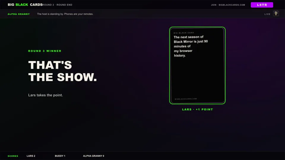 Big Black Cards: Winner screen: temporary glory