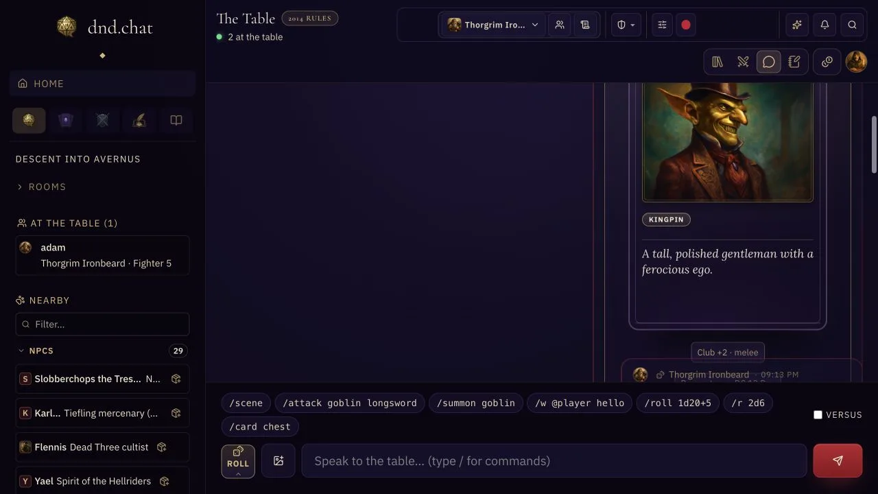 DND Chat: Card summon: a campaign NPC arrives in the conversation with playable actions