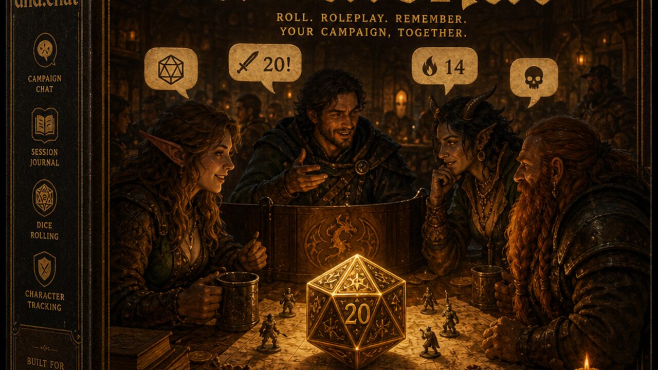 dnd.chat: Key art: candlelight, gold d20