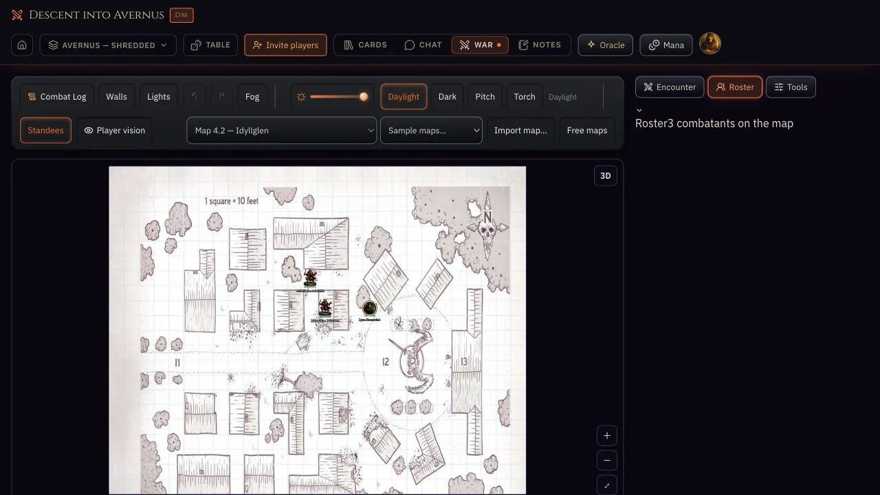 DND War: Campaign table: 2D map, standees, lighting, fog, and DM workspace