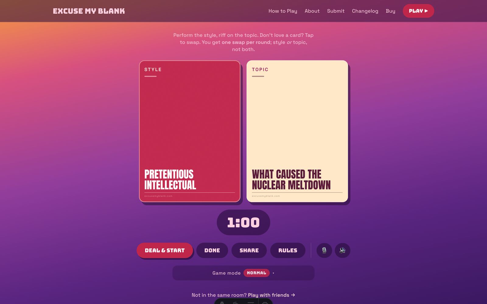 Excuse My Blank!: Live board: style + topic, timer running