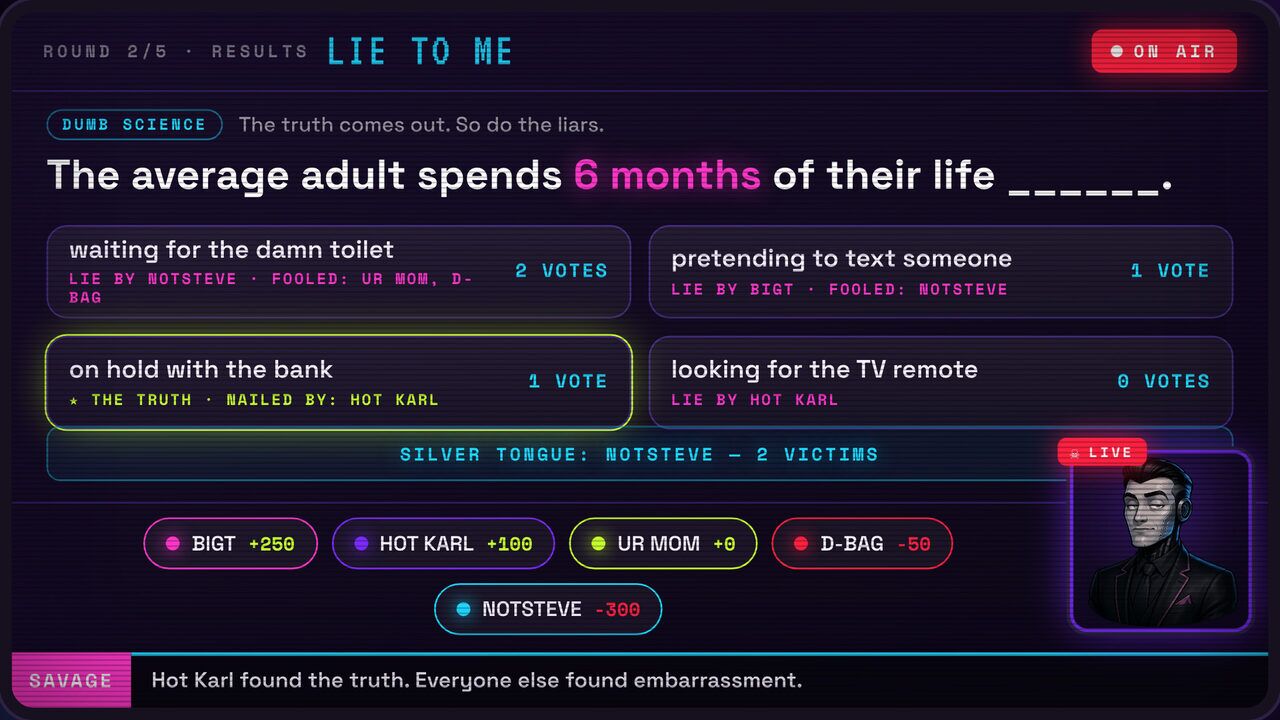 Make Enemies: Lie to Me round: phones mid-snitch
