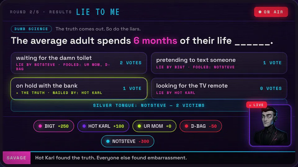 Make Enemies: Lie to Me round: phones mid-snitch